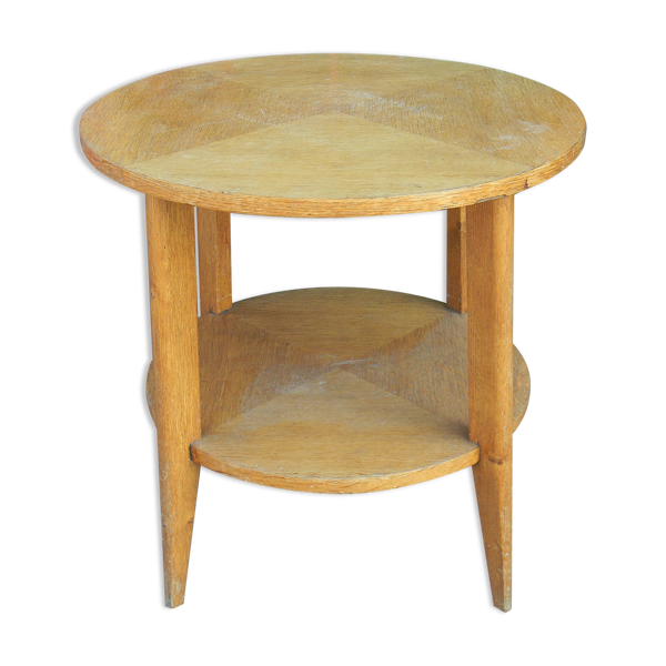 Table basse ronde pieds compas années 60 en bois