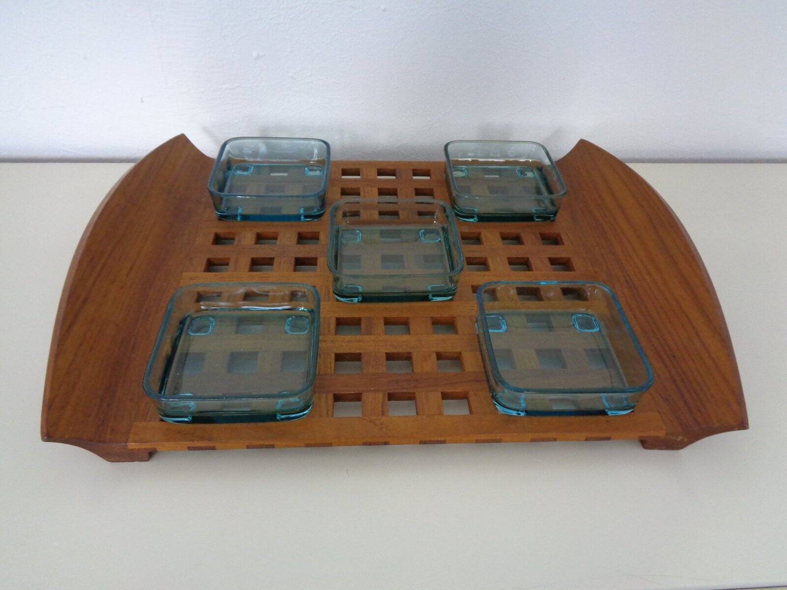 Teak tray with glass bowls by Jens Quistgaard for IHQ Dansk Designs, 1960s, set of 6.