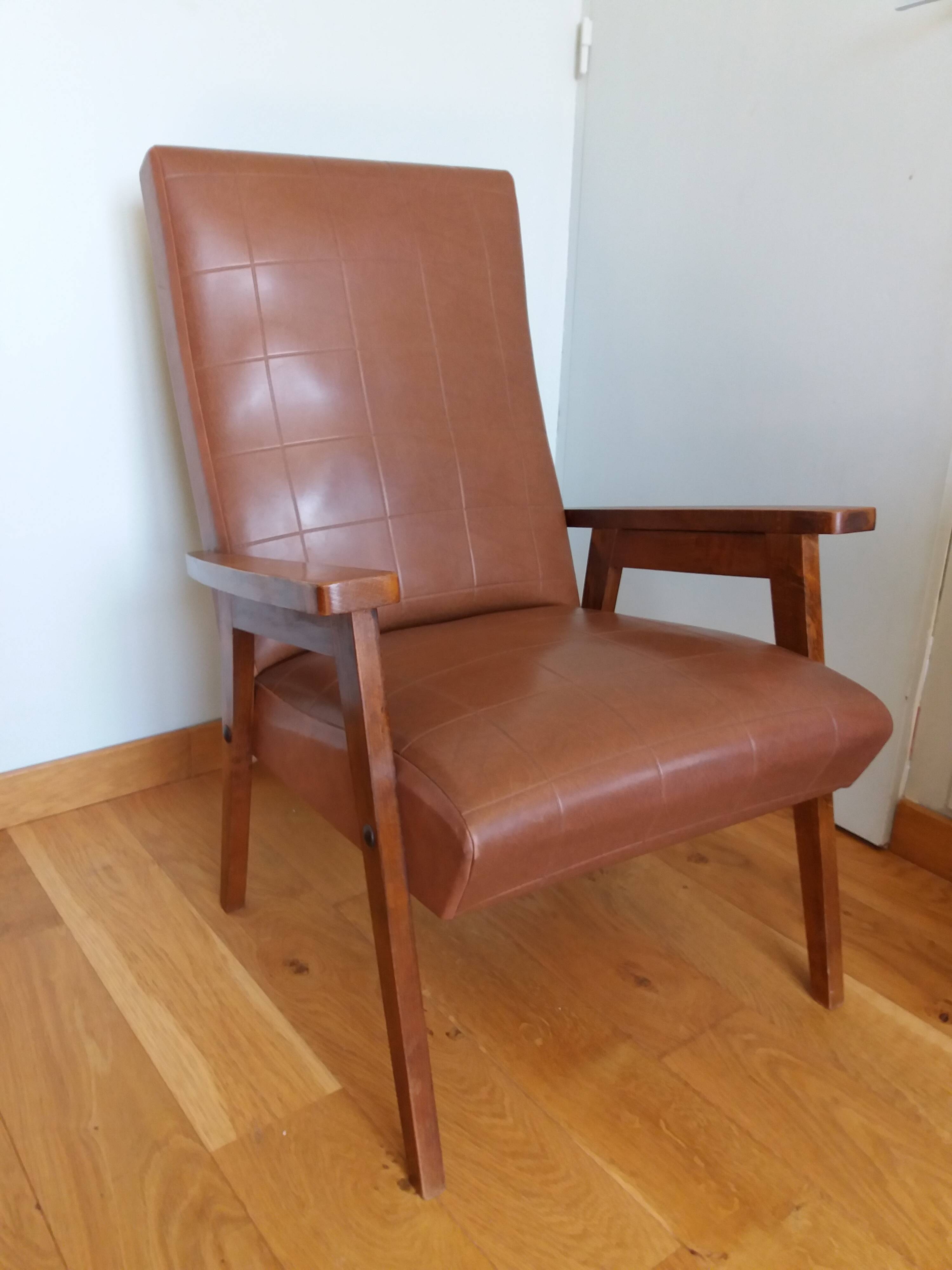 Scandinavian brown skai and wood armchair