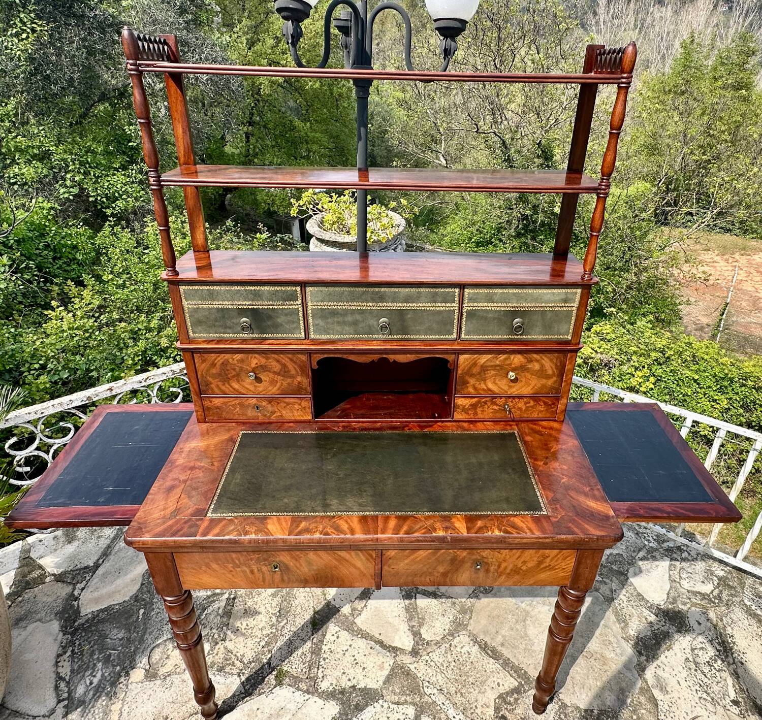 19th century flamed mahogany stepped desk