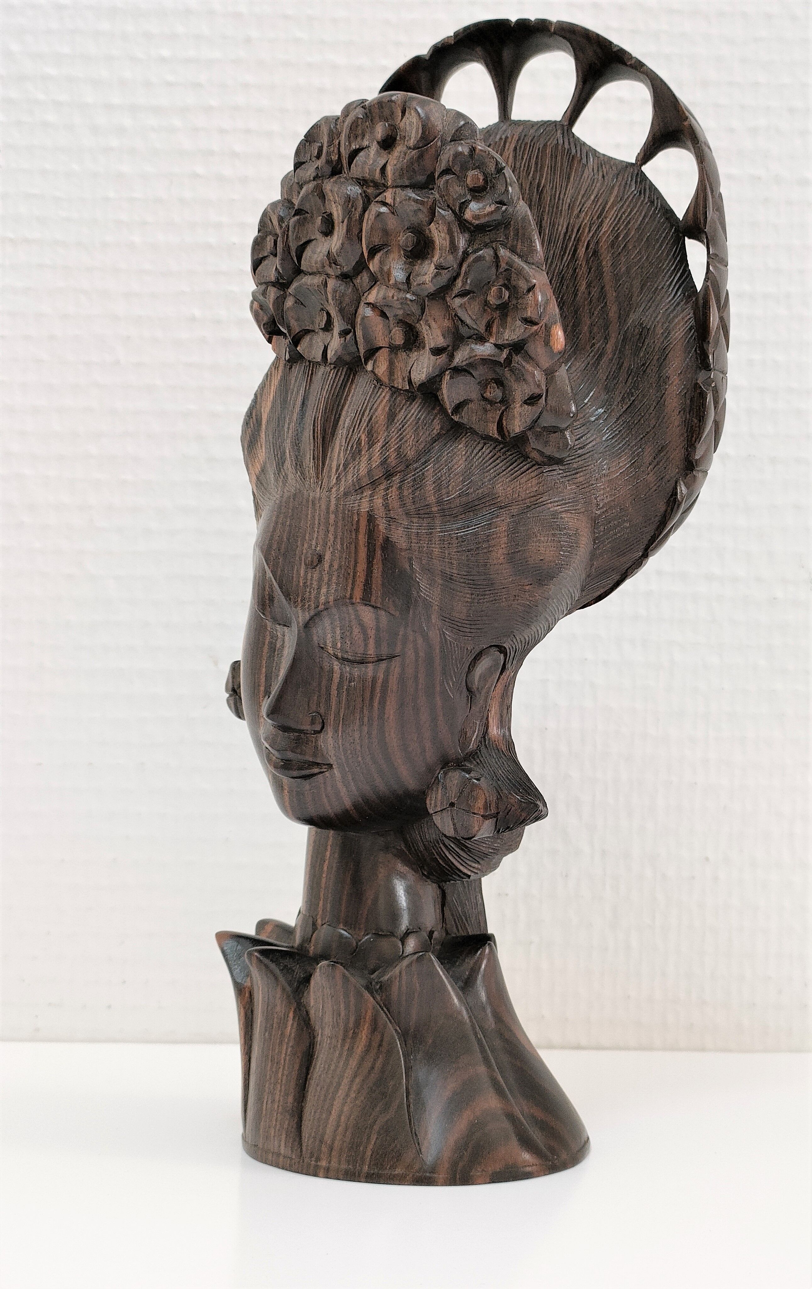 Wooden bust of woman with floral headdress sculptural work of the 60s-70s