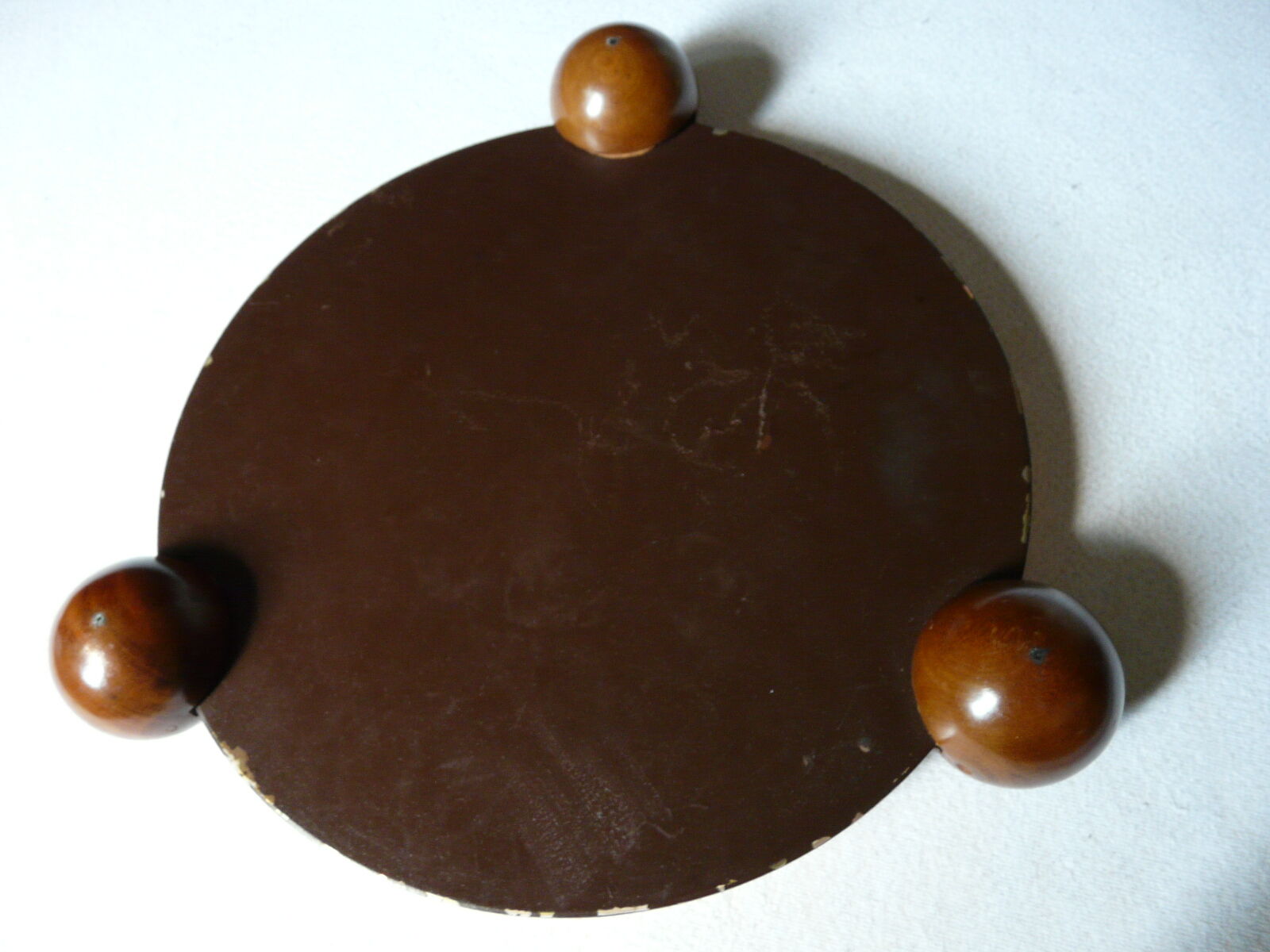 Plateau miroir orangé 3 pieds boule bois années 40