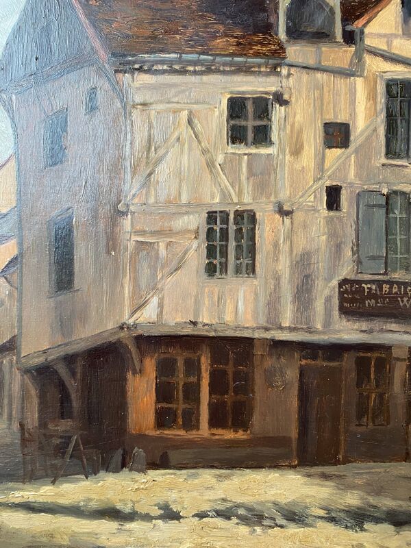 Tableau HSP ''Rue Gambay Vieux Troyes'' commerce en 1910 HSP signé + cadre