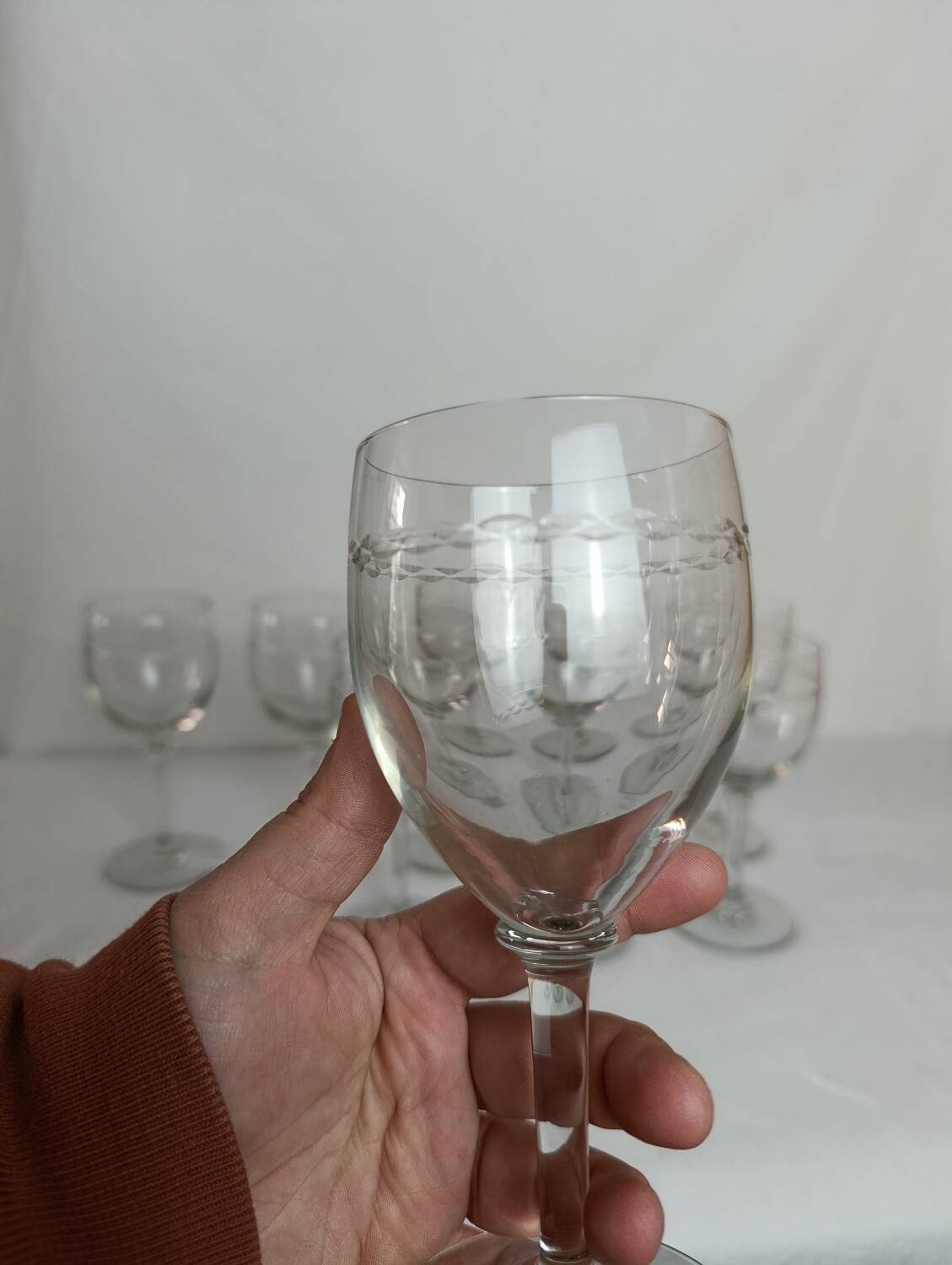 Set of 9 antique engraved crystal wine glasses