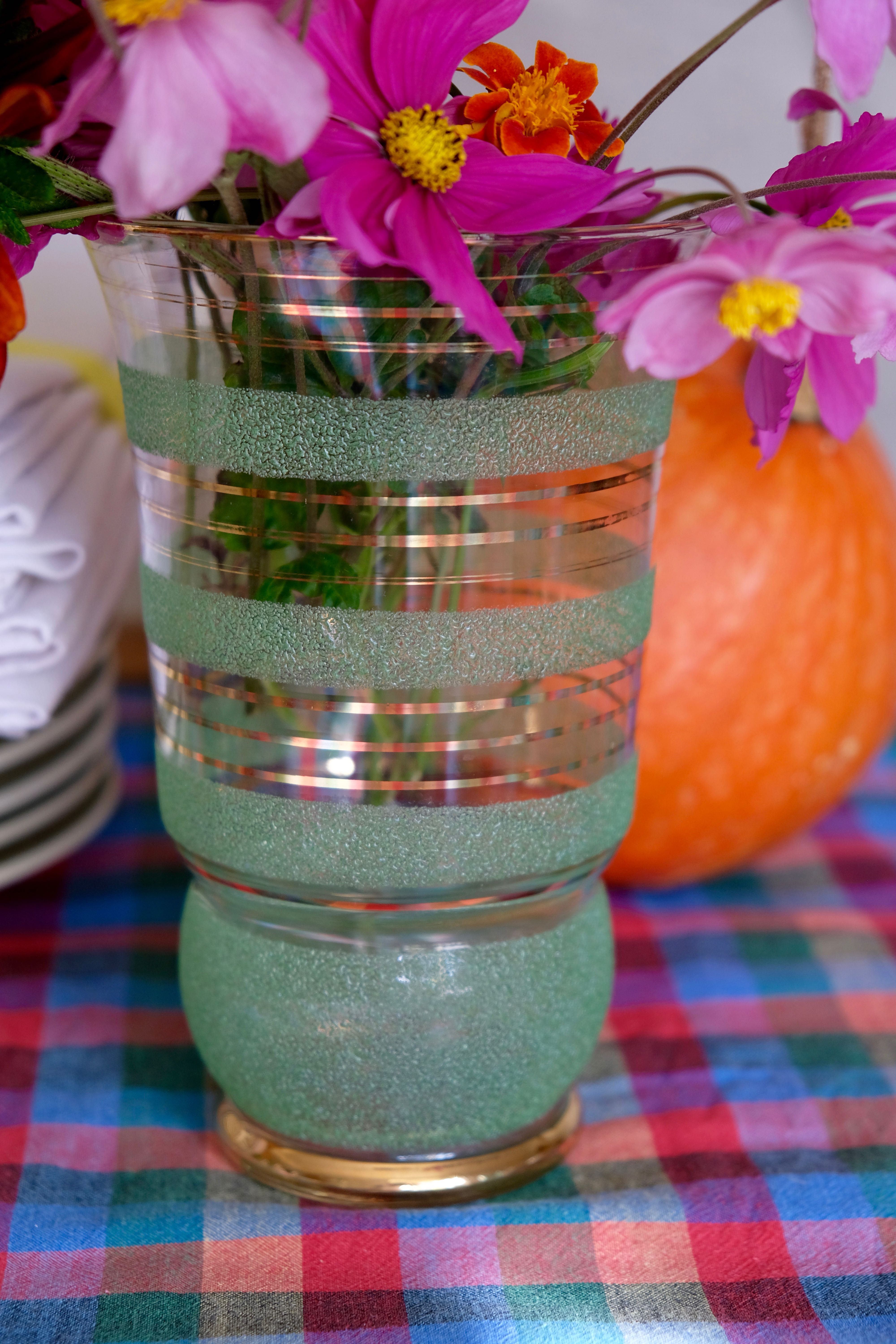 Granite glass vase almond green and golden 1950