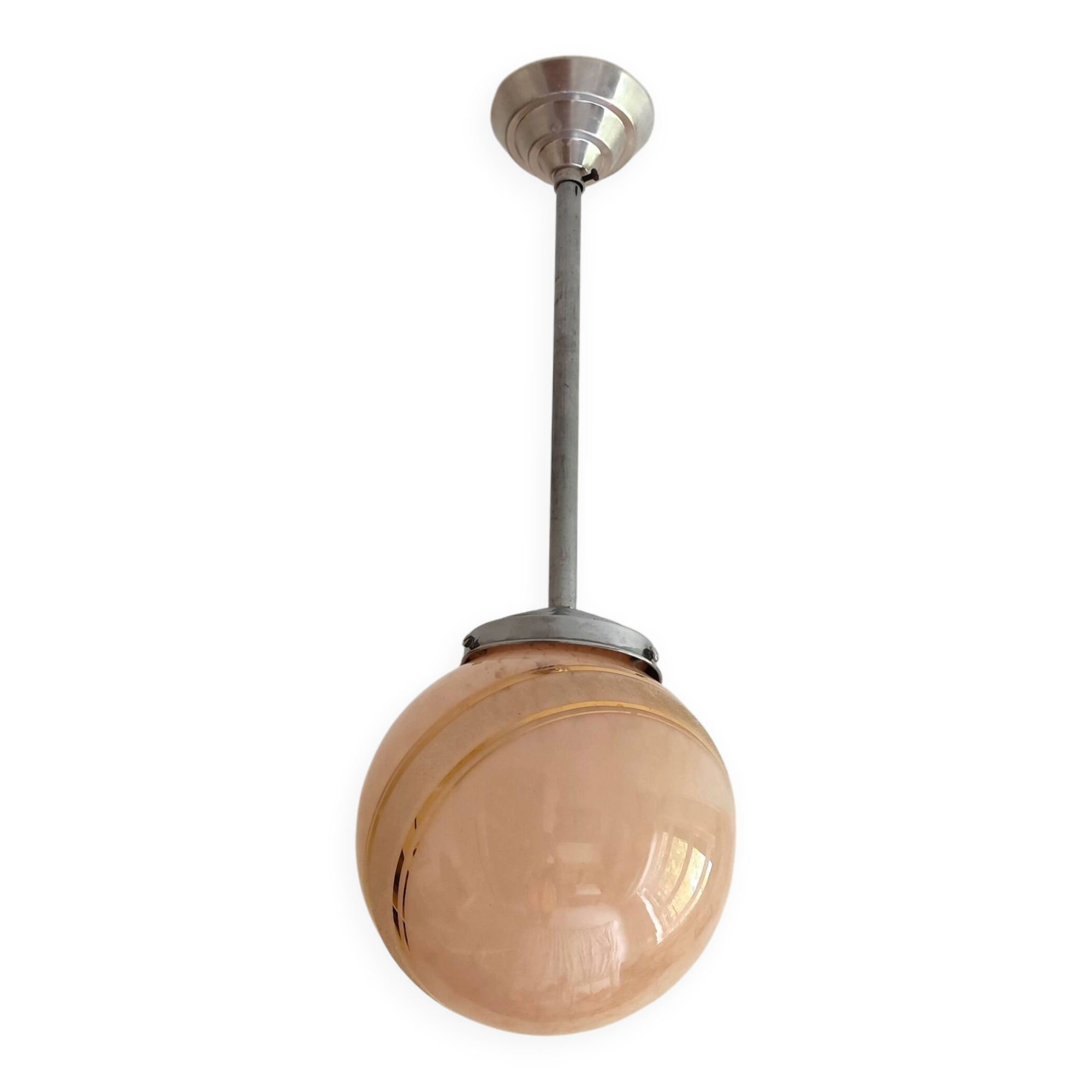 suspension glass globe pink and gold on a metal aluminium stem and structure