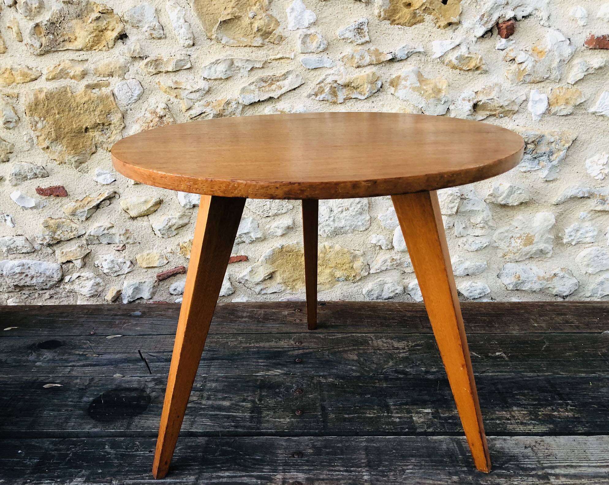 Vintage round coffee table, oak tripod legs circa 60