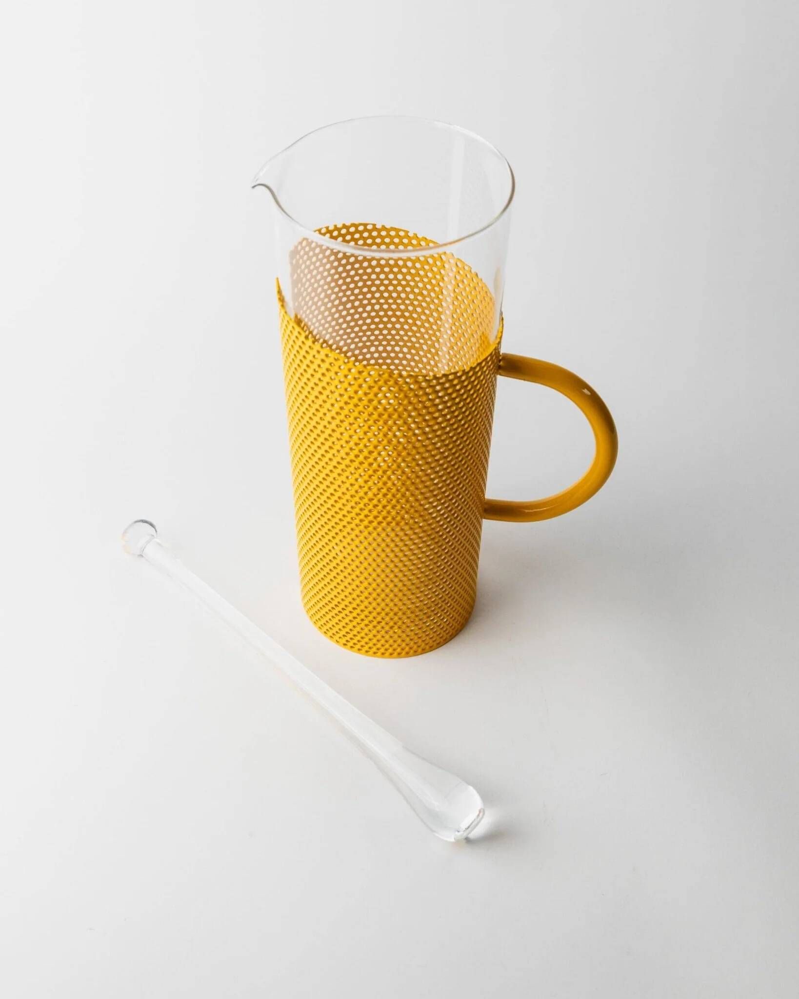 Transparent Glass Pitcher with Yellow Metal Sleeve and Pestle - Memphis Style, 1980s Italy