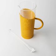 Transparent Glass Pitcher with Yellow Metal Sleeve and Pestle - Memphis Style, 1980s Italy