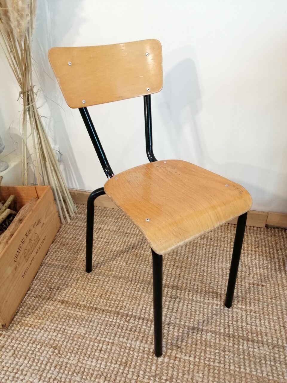 Series of 4 wooden and metal school chairs