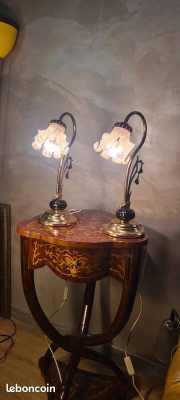 Pair of ceramic and brass lamps in art nouveau style