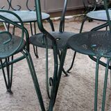 Old wrought iron garden furniture, 2 armchairs, 2 chairs and the table