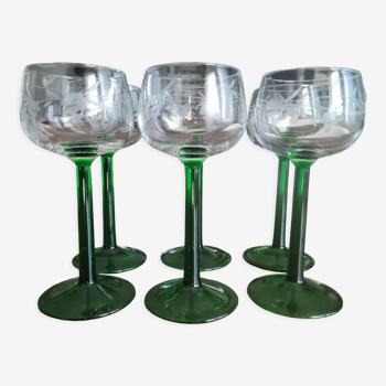 Lot de 6 verres à vin alsacien pied haut vert buvant transparent filigrané grappe de raisin