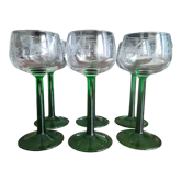 Lot de 6 verres à vin alsacien pied haut vert buvant transparent filigrané grappe de raisin