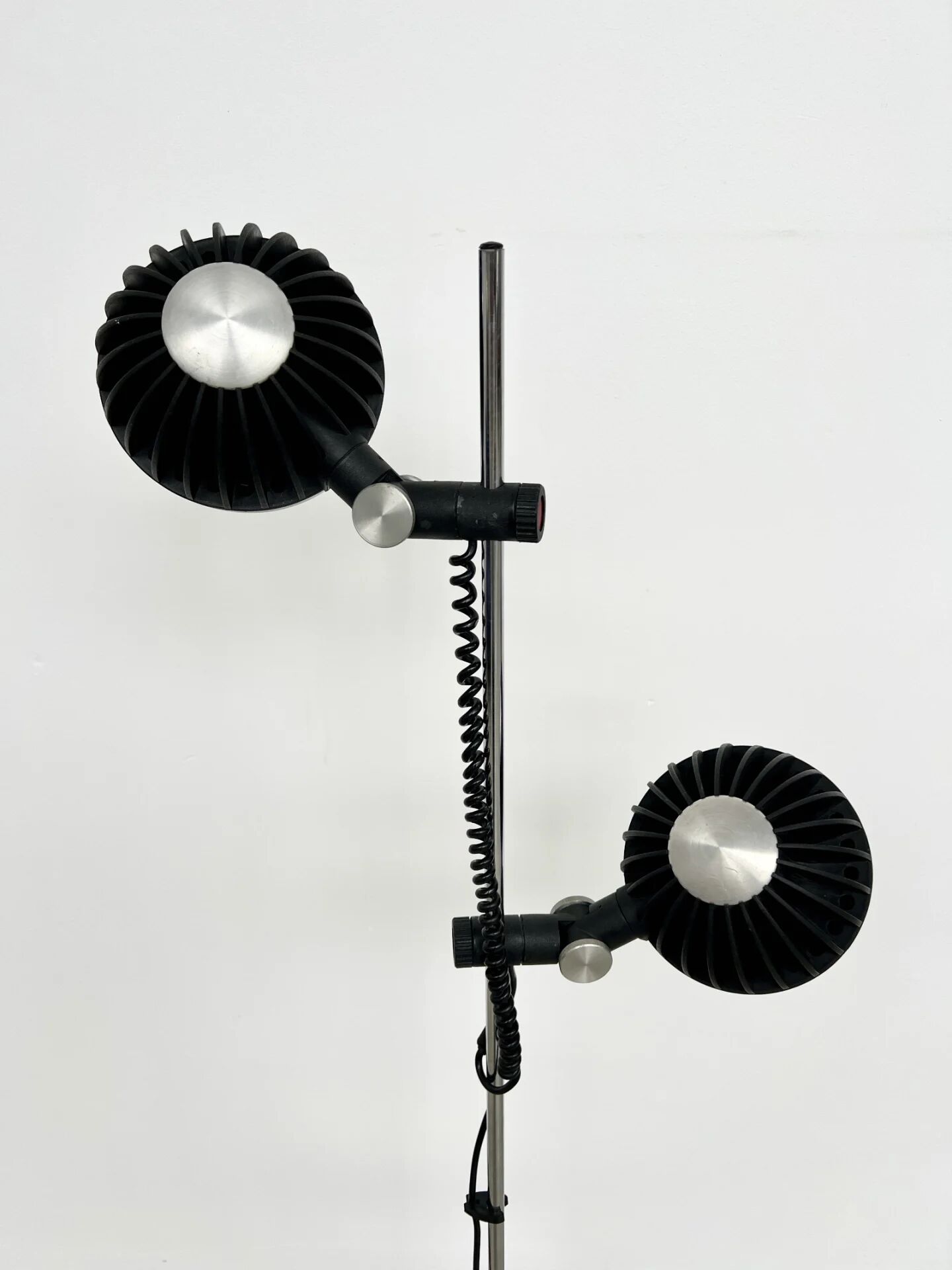 Two-spot floor lamp phase — brushed steel and matte black — 1970s