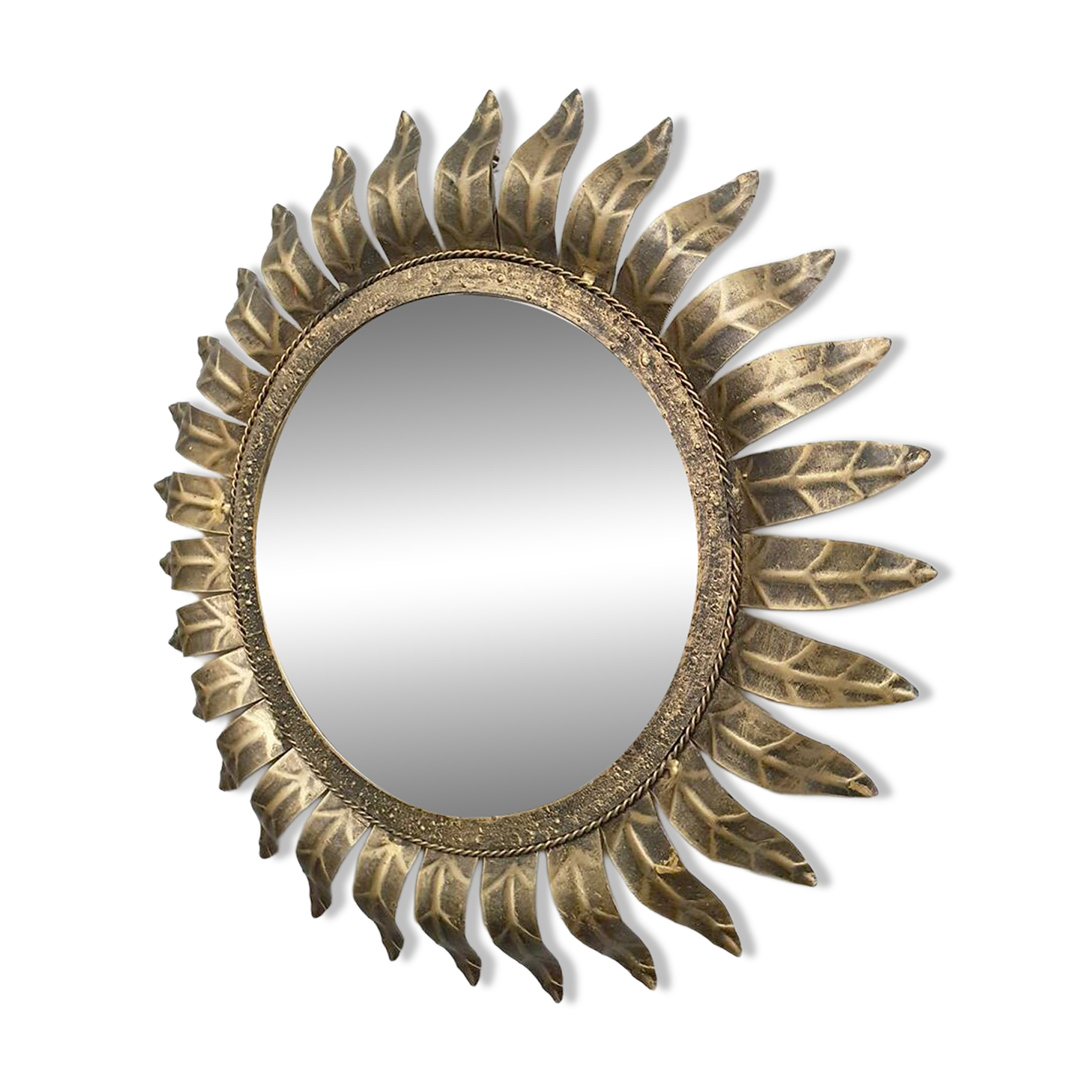 Midcentury French gold gilded leaf sunburst mirror