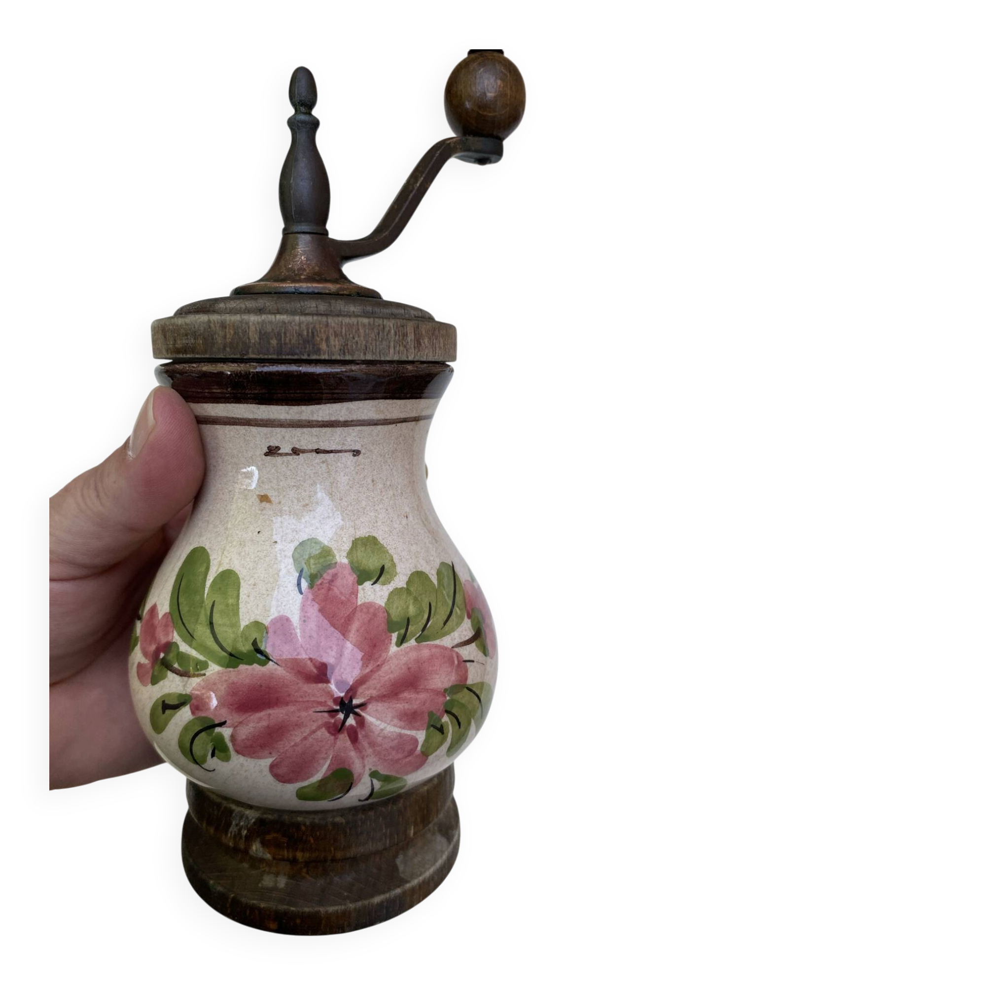 Vintage painted ceramic and wood pepper mill – Brand M – Decor