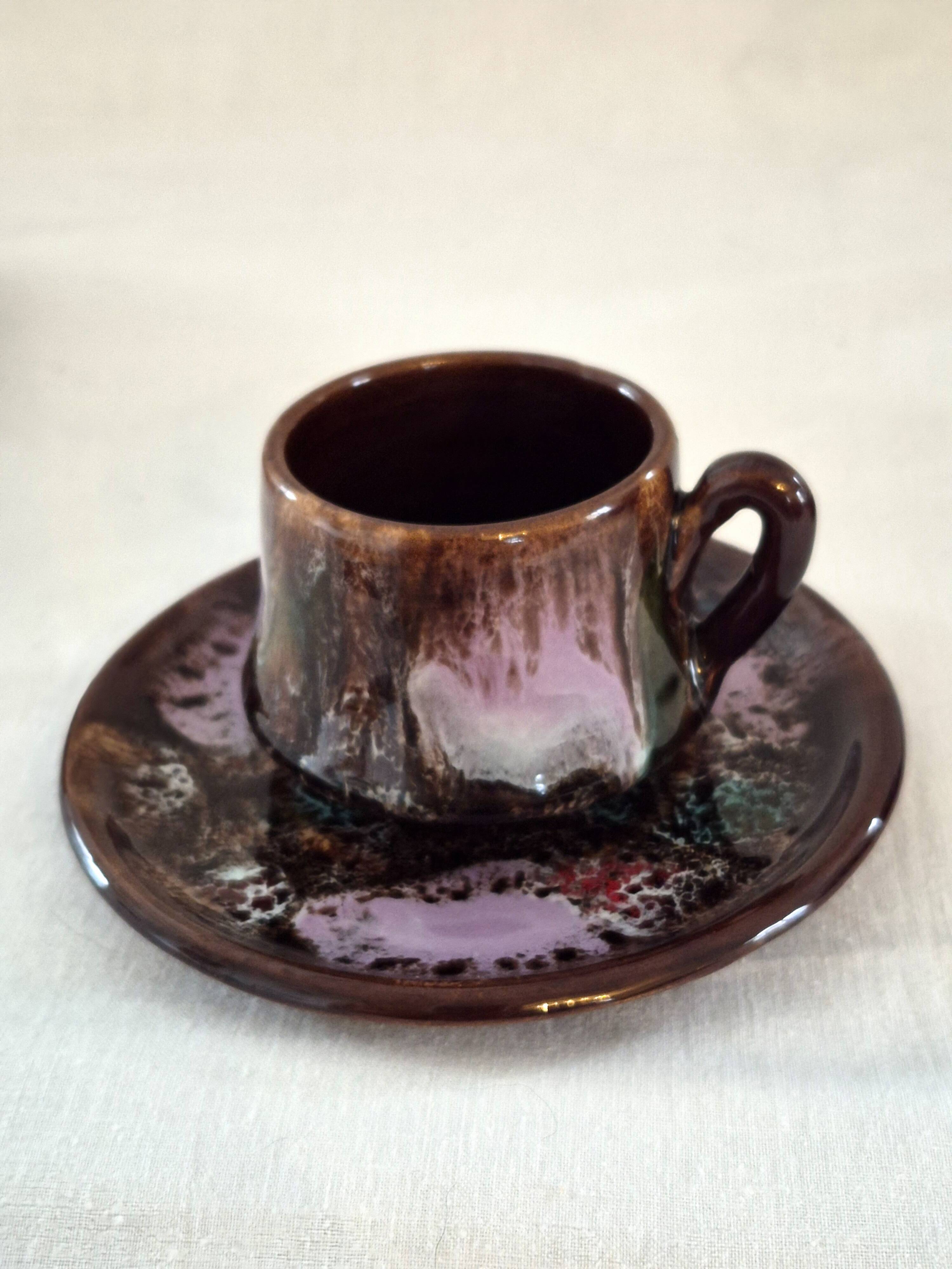 Six cups and saucers Vallauris glazed ceramic in brown and old pink.