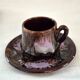 Six cups and saucers Vallauris glazed ceramic in brown and old pink.