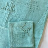 Old tablecloth and its 8 embroidered napkins "la malabar LS" - green - 150x170 cm - linen thread