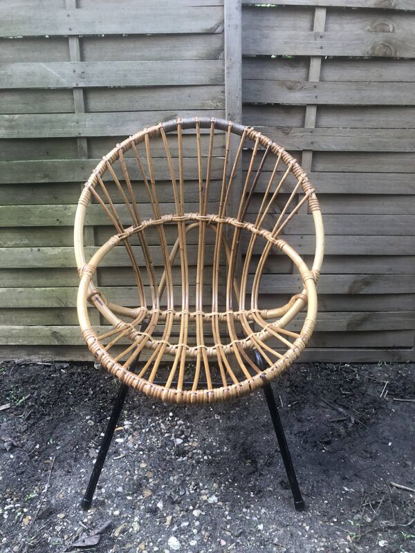 Fauteuil coquille bambou rotin vintage années 60