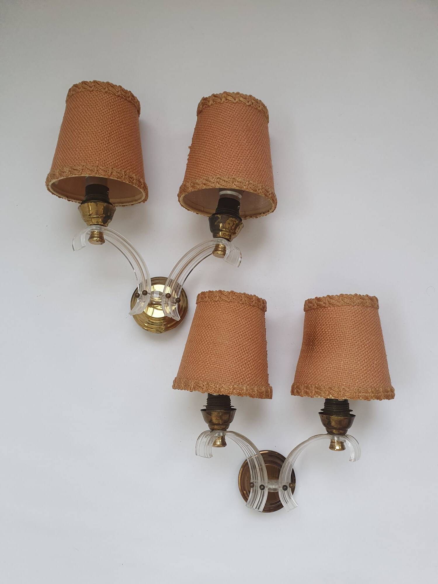 Paire D'abat-jours Vintage En Toile De Jute Et Galons, Hauteur 14 Cm
