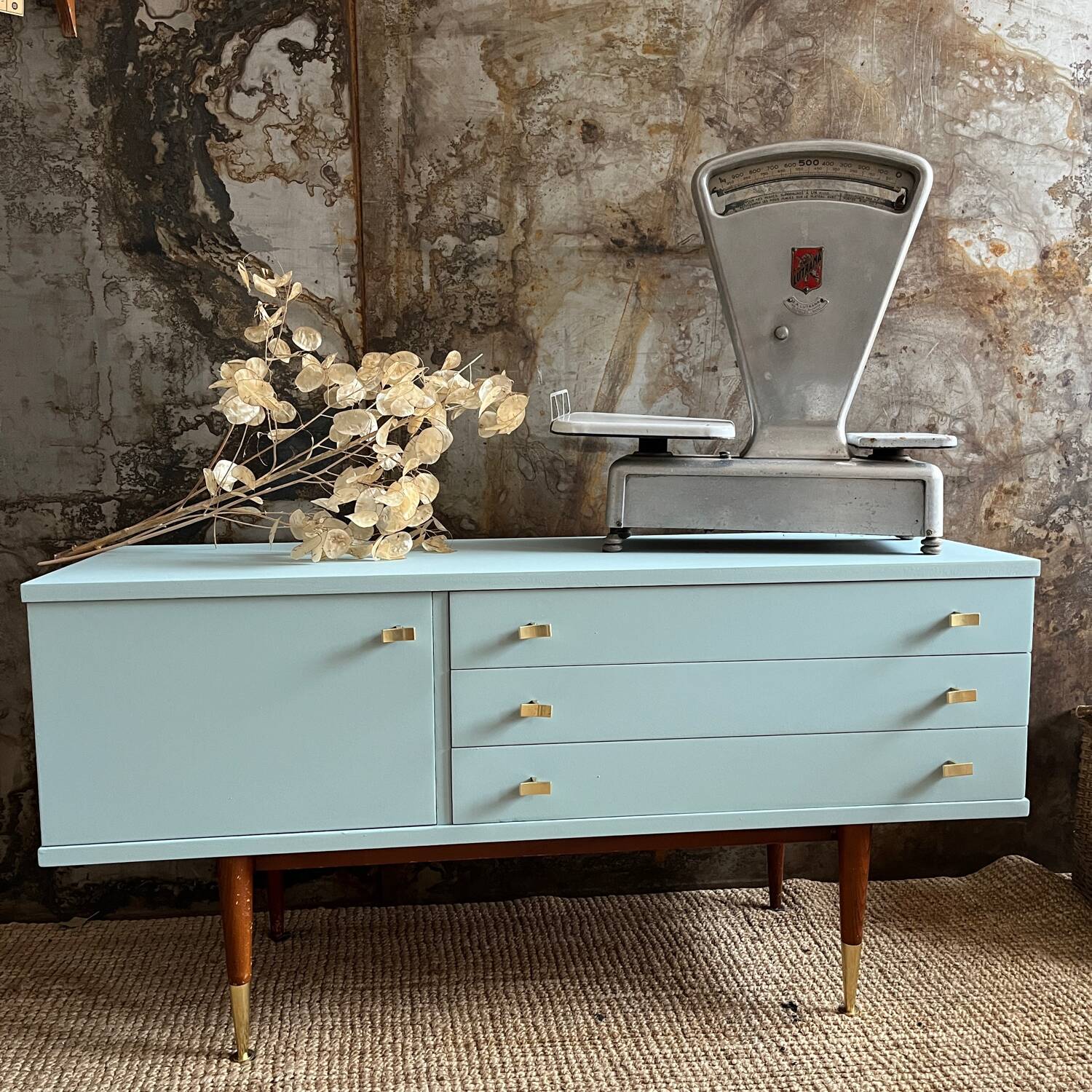 Seventies freshwater blue and brass sideboard