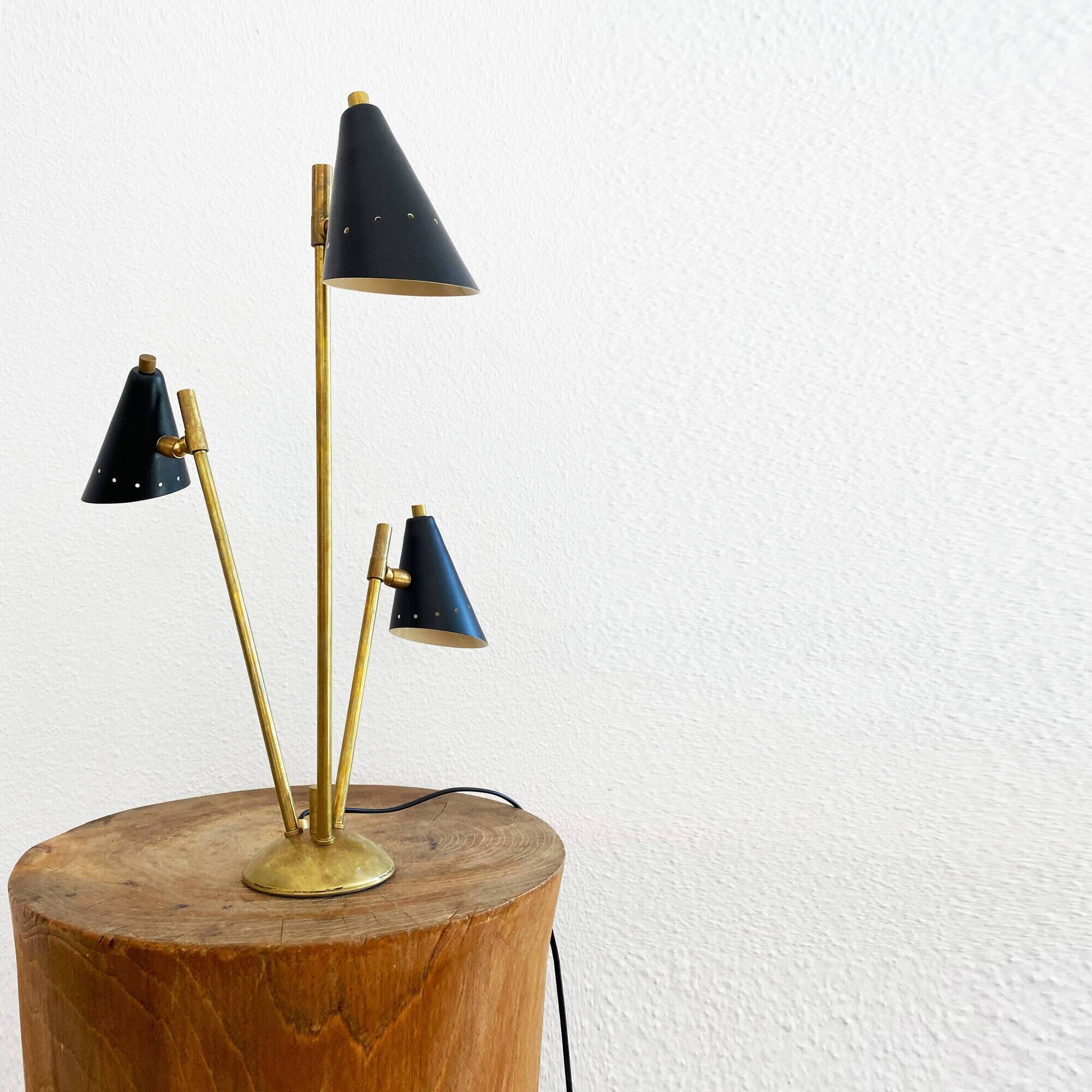 Italian lamp with three brass heads, 1950s design.