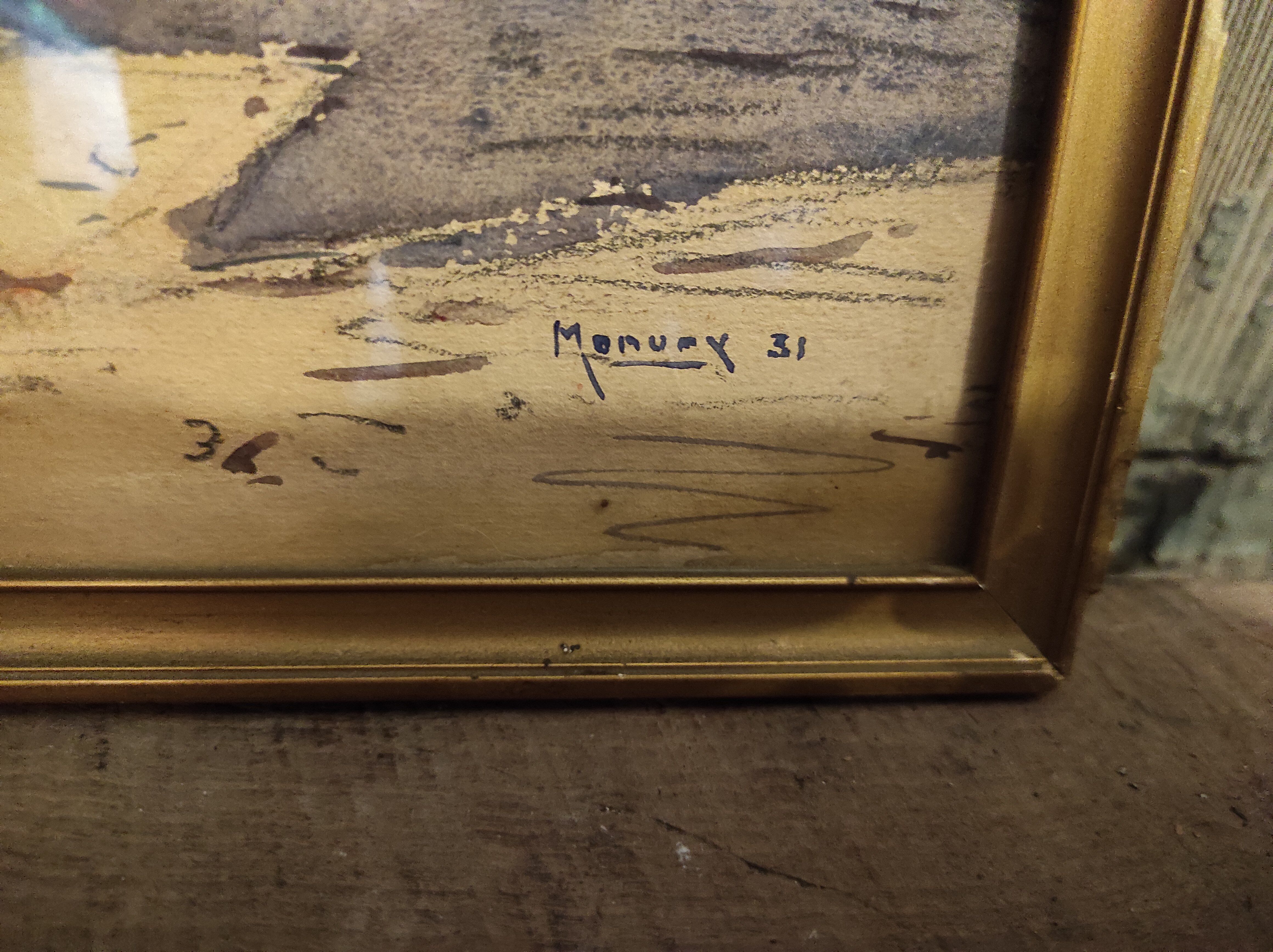 Vintage French watercolour of a village with a church, signed, from 1931