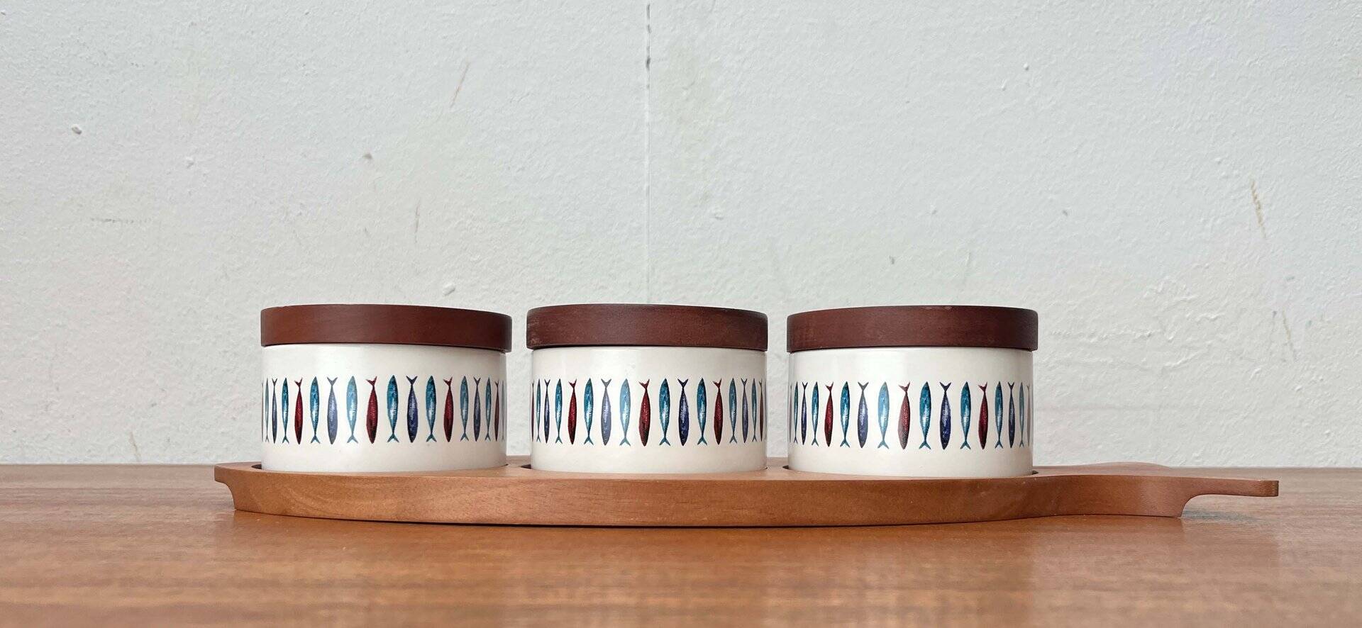 Sets of Swedish herring pots in ceramic and teak by Asa Lindberg for Sagaform, 2000s, set of 4.