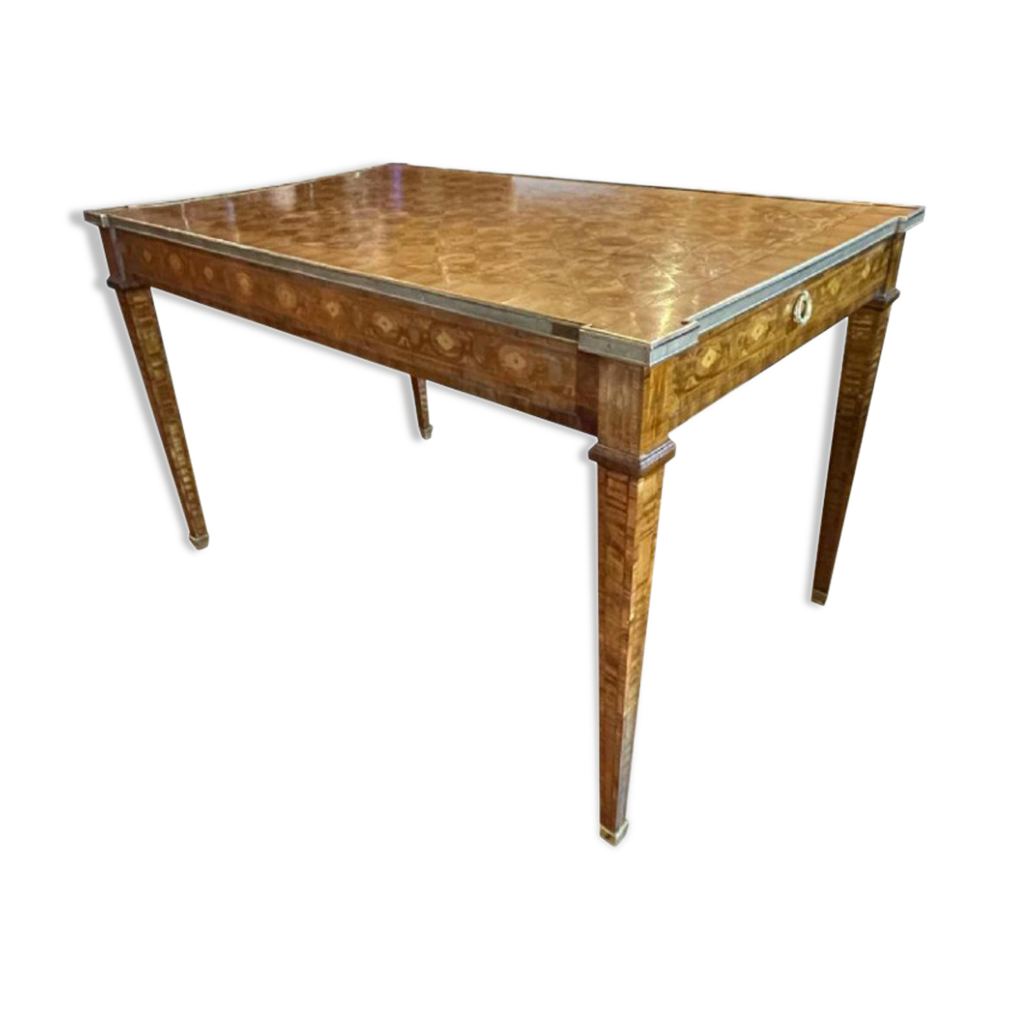 Louis XVI Directoire desk table richly inlaid, brass belt and 2 drawers, 19th century