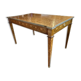 Louis XVI Directoire desk table richly inlaid, brass belt and 2 drawers, 19th century