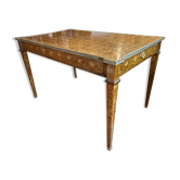 Louis XVI Directoire desk table richly inlaid, brass belt and 2 drawers, 19th century