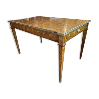 Louis XVI Directoire desk table richly inlaid, brass belt and 2 drawers, 19th century