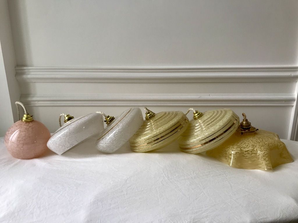 Pair of suspensions in white Clichy glass and golden edging 40s-50s