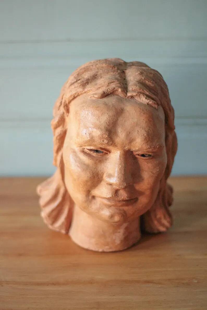 Sculpture signed Doloire, terracotta sculpture, woman's head sculpture, collection, interior decoration.