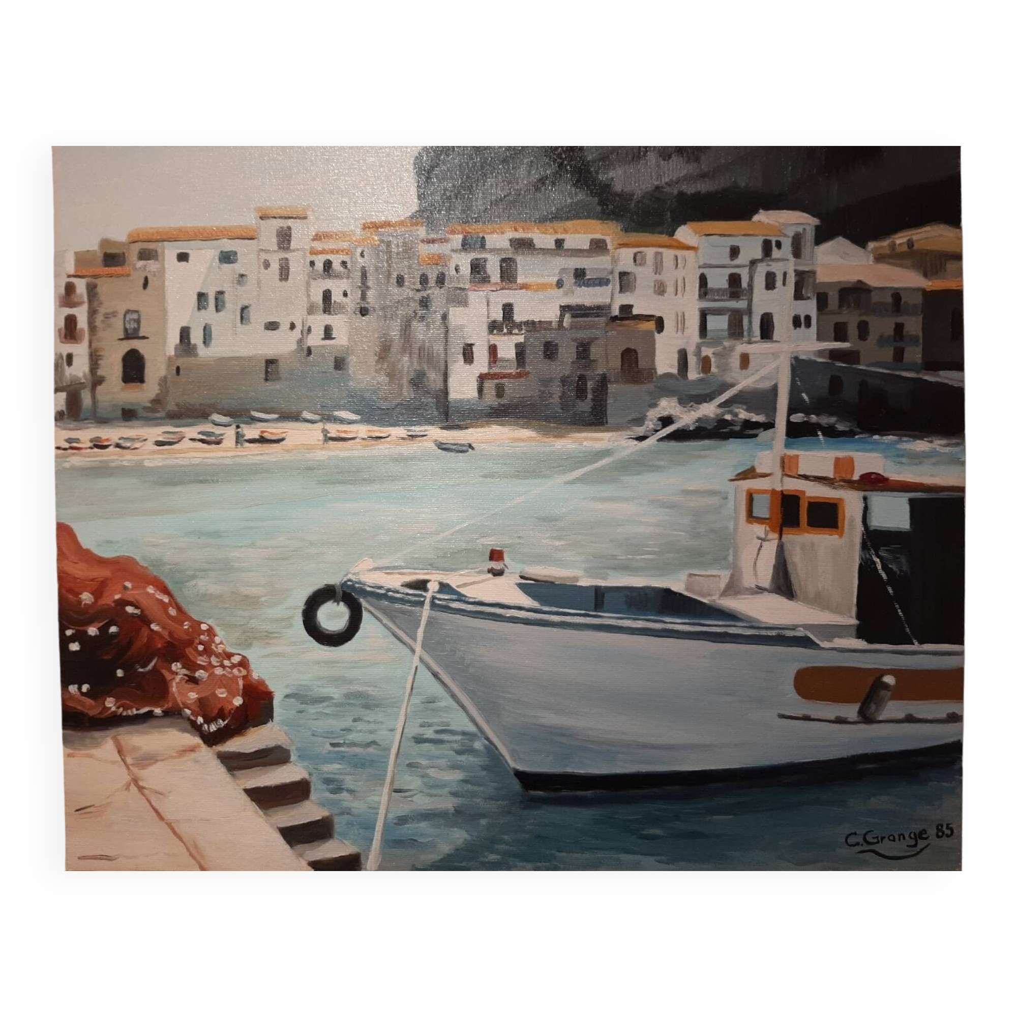 Oil on canvas the port of Cefalu Sicily