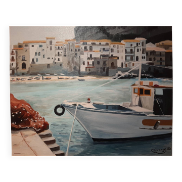 Huile sur toile le port de Cefalu Sicile