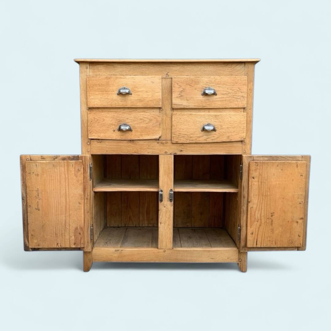 Parisian art deco sideboard in solid raw wood with pyrographed decorations, 1929
