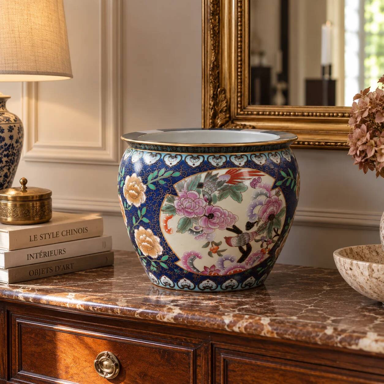 Large Chinese cache-pot in polychrome porcelain – flowers and birds – Ø33 cm
