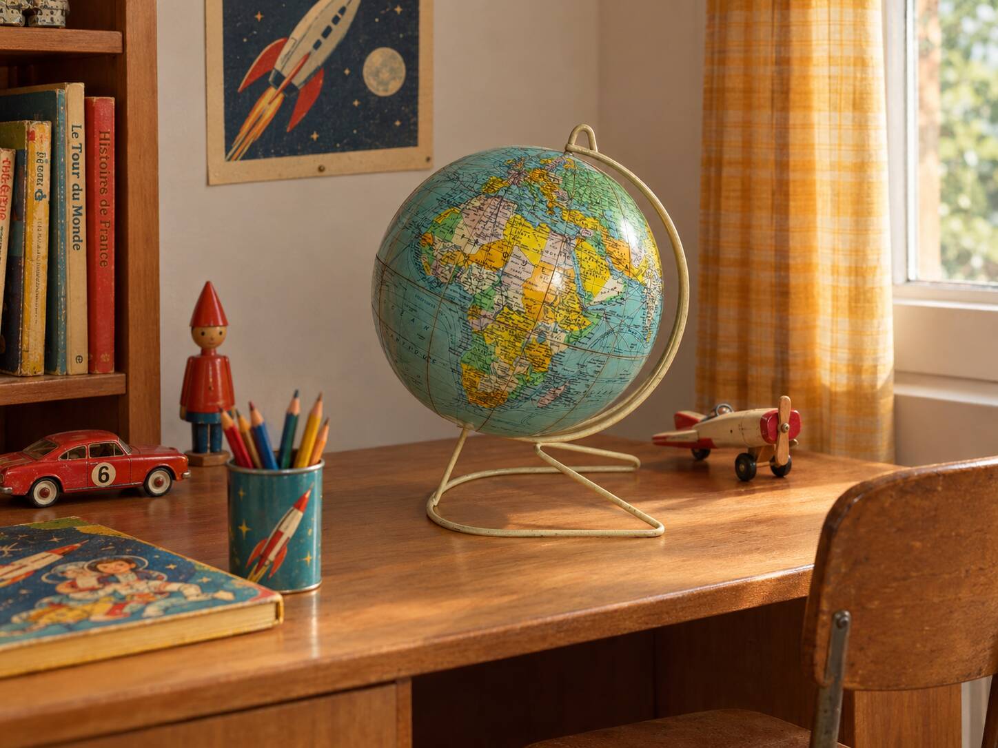 Vintage 1960 terrestrial globe by Girard Barrère in cream - 35 cm