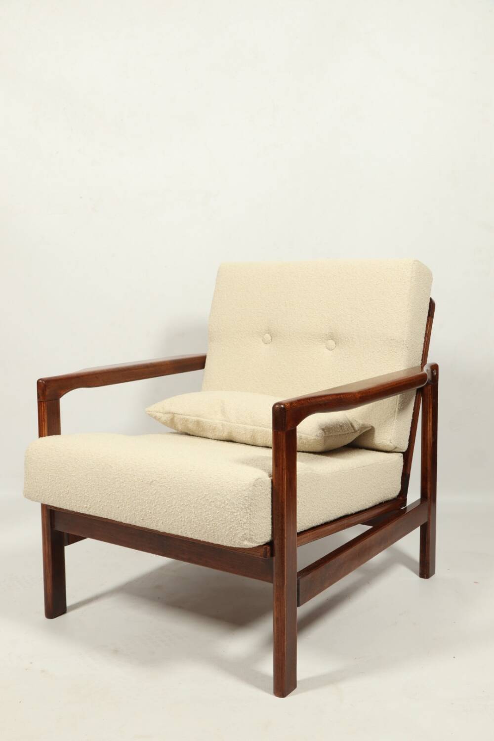 Vintage dark wood beige bouclé armchair by Z.Baczyk 1965