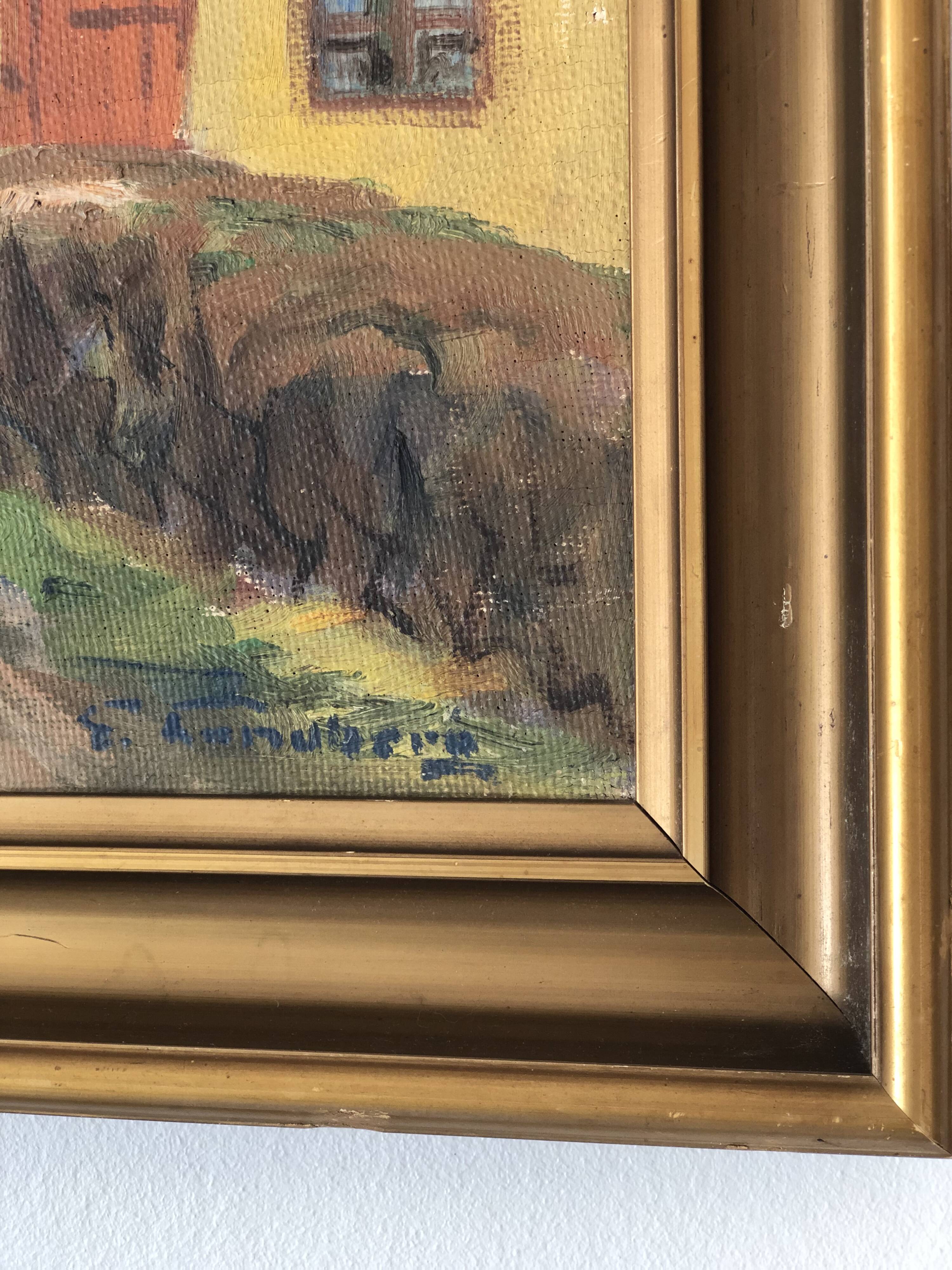 Vintage Original Cottage Oil Painting: Framed Countryside Art