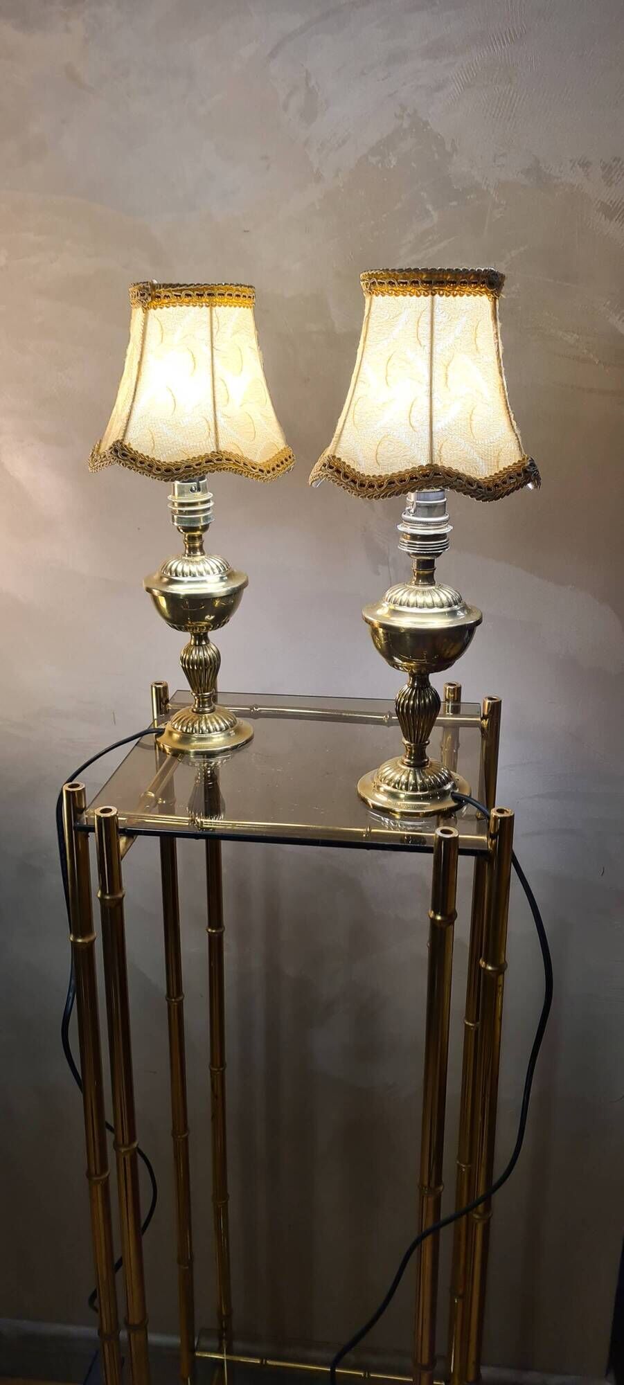 Pair of brass bedside lamp, with pretty velvet lampshade 31x14