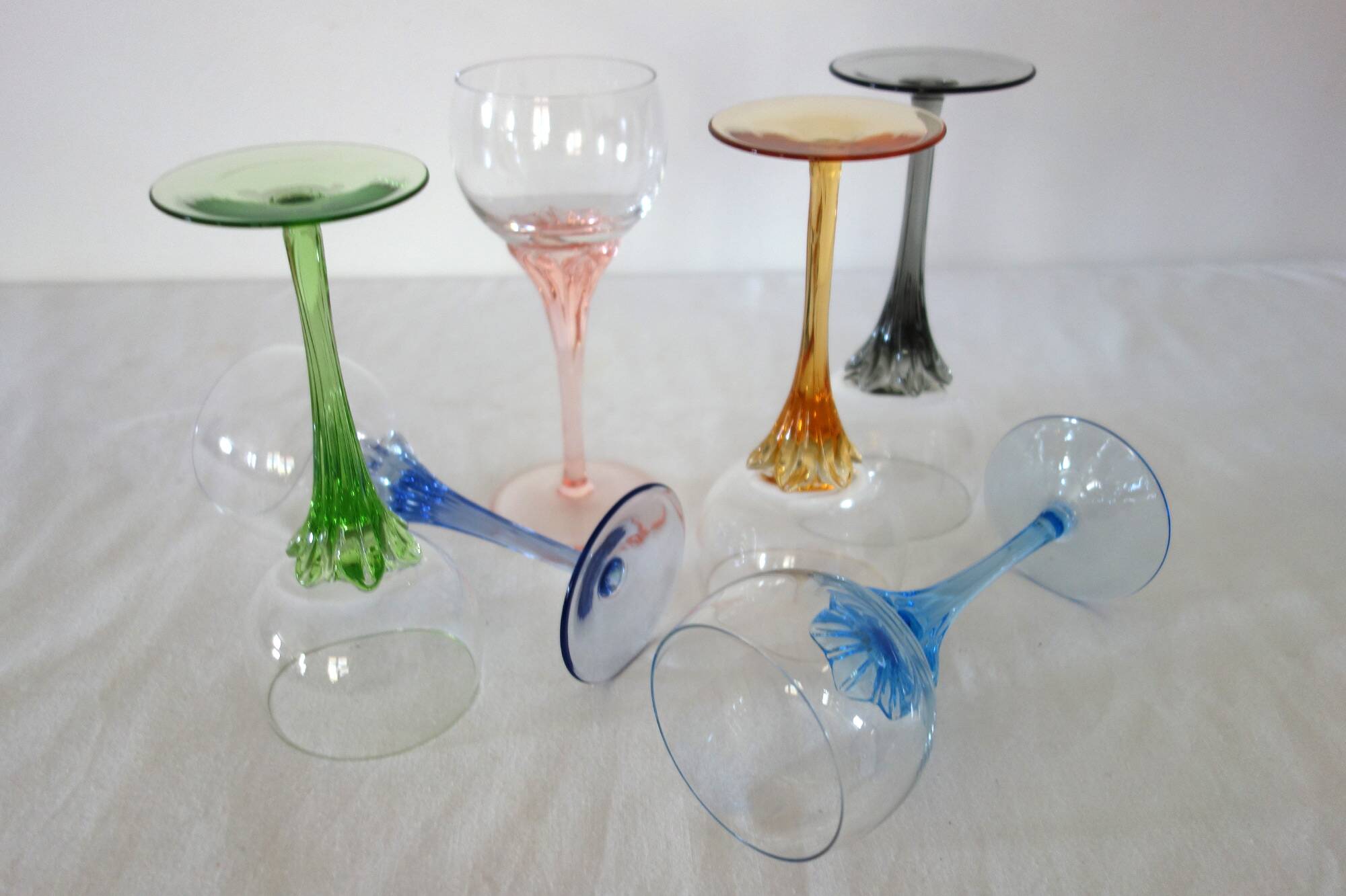 6 colorful vintage crystal wine glasses