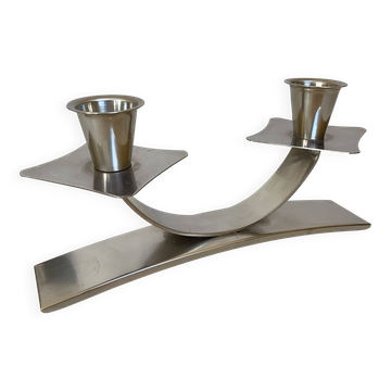 Modernist silver double candle holder