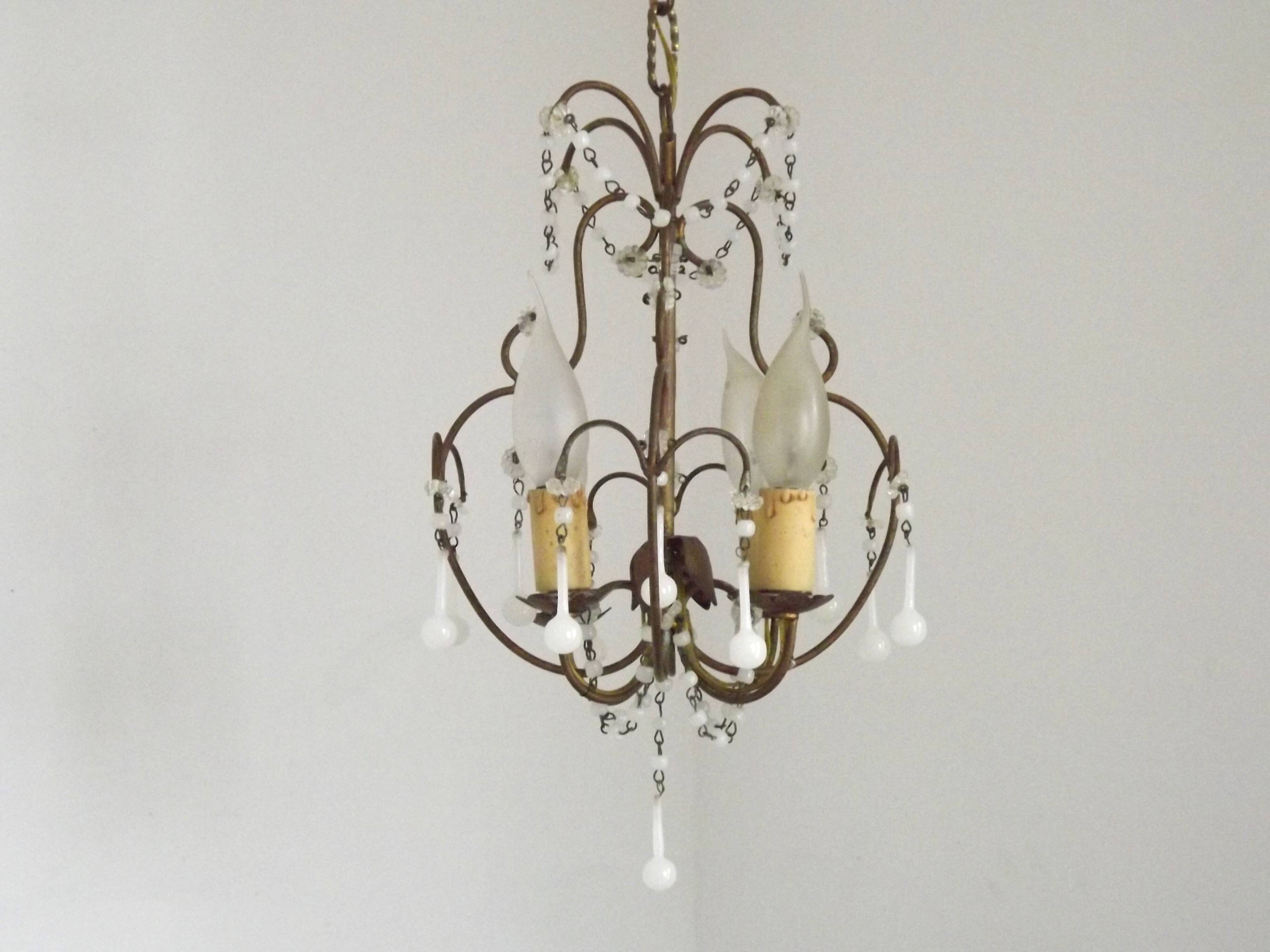 French Vintage 4 Light Metal Cage Chandelier with White Murano Drops and Beads