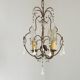 French Vintage 4 Light Metal Cage Chandelier with White Murano Drops and Beads