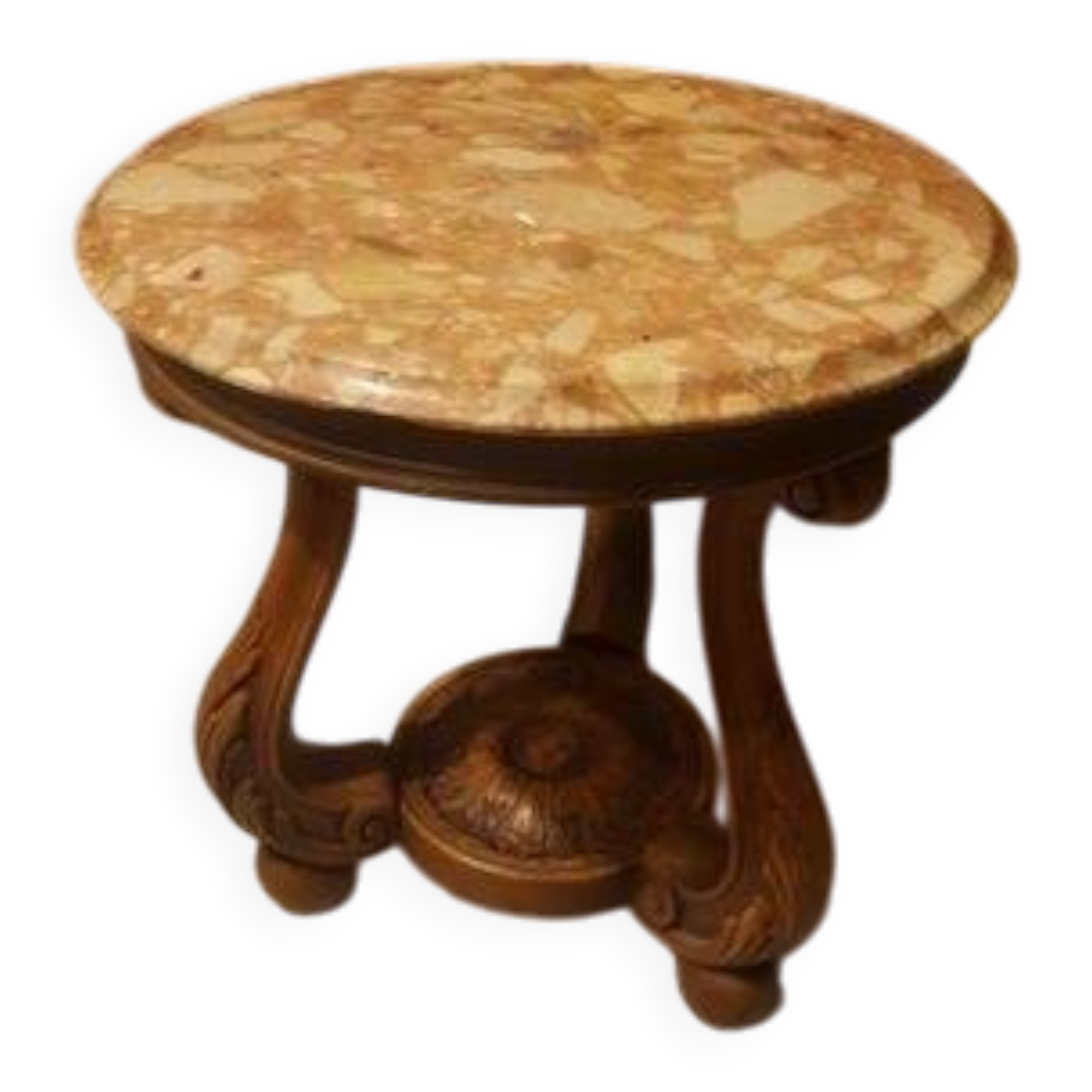 Small antique carved wooden side table with pink marble top – Occasional table