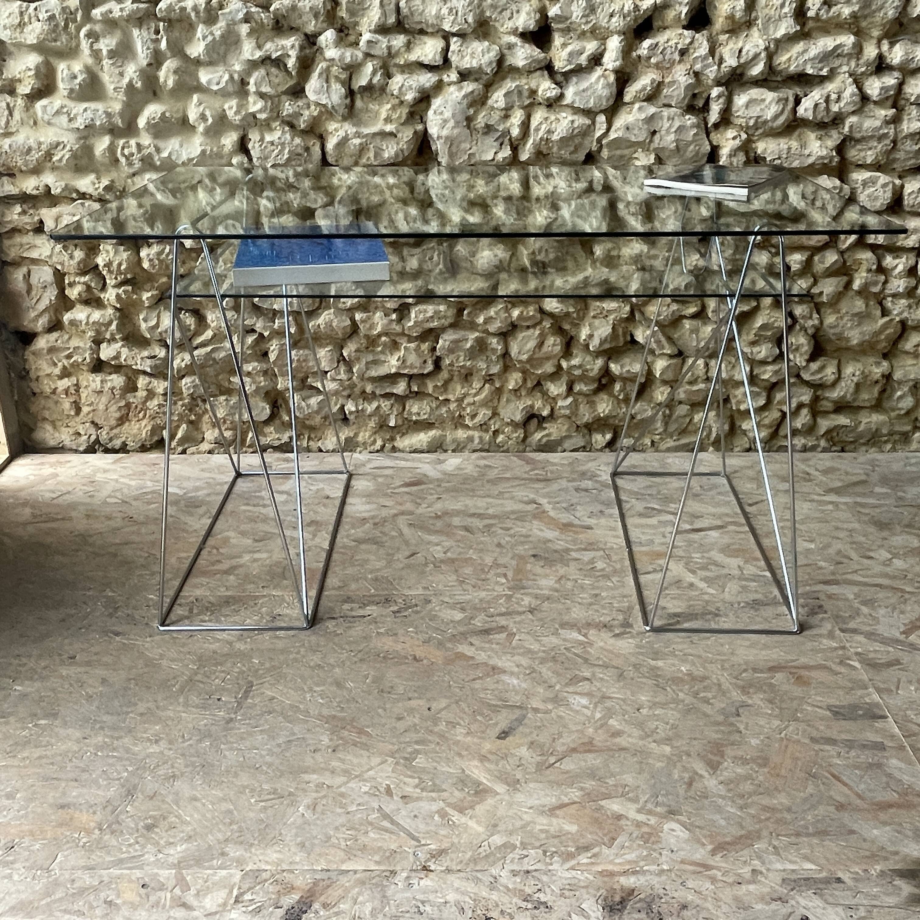 Glass desk - chrome metal trestles